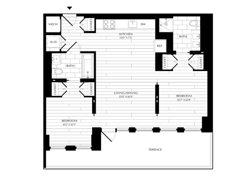 Floor plan for 2 beds, 2 baths, 1000 sqft